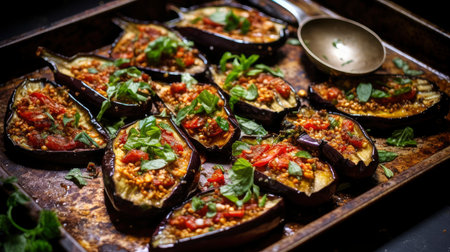 Roasted Eggplant Slices Topped with Fresh Herbs in a Ceramic Dishの素材