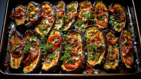 Roasted Eggplant Slices Topped with Fresh Herbs in a Ceramic Dishの素材