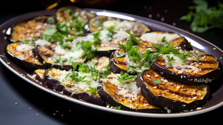 Roasted Eggplant Slices Topped with Fresh Herbs in a Ceramic Dishの素材