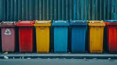 Colorful Row of Recycling Bins Lined Up for Waste Separationの素材