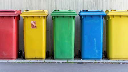 Colorful Row of Recycling Bins Lined Up for Waste Separationの素材