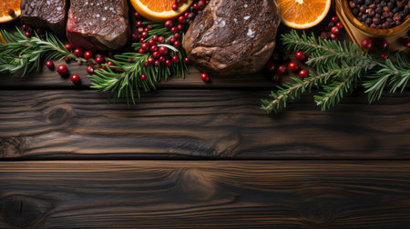 Yuletide Splendor: Rustic Winter Feast with Seasonal Decor on Dark Woodの素材