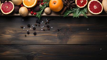 Yuletide Splendor: Rustic Winter Feast with Seasonal Decor on Dark Woodの素材