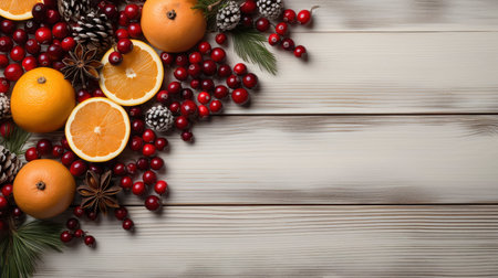 Yuletide Splendor: Rustic Winter Feast with Seasonal Decor on Dark Woodの素材