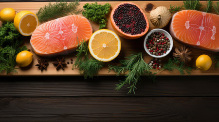 Yuletide Splendor: Rustic Winter Feast with Seasonal Decor on Dark Woodの素材