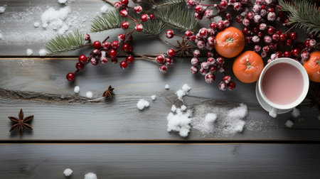 Yuletide Splendor: Rustic Winter Feast with Seasonal Decor on Dark Woodの素材