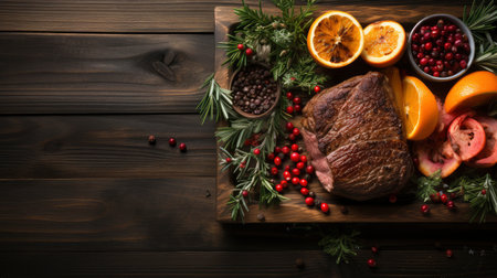 Yuletide Splendor: Rustic Winter Feast with Seasonal Decor on Dark Woodの素材