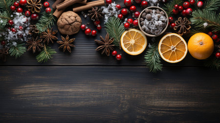 Yuletide Splendor: Rustic Winter Feast with Seasonal Decor on Dark Woodの素材