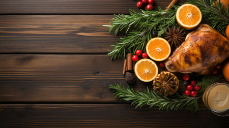 Yuletide Splendor: Rustic Winter Feast with Seasonal Decor on Dark Woodの素材