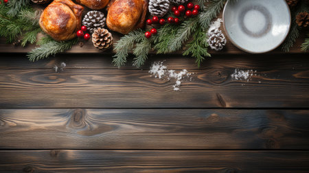 Yuletide Splendor: Rustic Winter Feast with Seasonal Decor on Dark Woodの素材