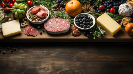 Yuletide Splendor: Rustic Winter Feast with Seasonal Decor on Dark Woodの素材