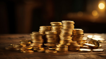 Golden coins pile. Different Stacks of gold money, cash or treasure. Bank and finance. Investment, profit or gainの素材