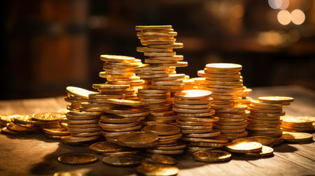 Golden coins pile. Different Stacks of gold money, cash or treasure. Bank and finance. Investment, profit or gainの素材