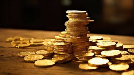 Golden coins pile. Different Stacks of gold money, cash or treasure. Bank and finance. Investment, profit or gainの素材