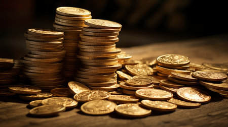 Golden coins pile. Different Stacks of gold money, cash or treasure. Bank and finance. Investment, profit or gainの素材