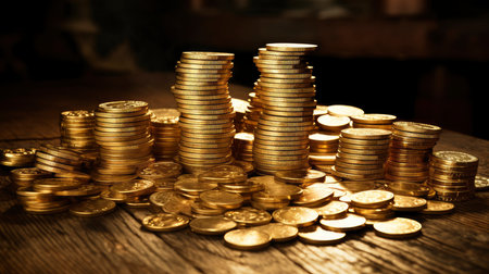 Golden coins pile. Different Stacks of gold money, cash or treasure. Bank and finance. Investment, profit or gainの素材