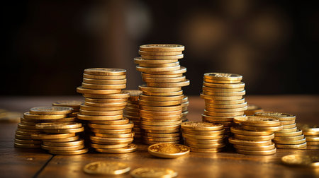 Golden coins pile. Different Stacks of gold money, cash or treasure. Bank and finance. Investment, profit or gainの素材