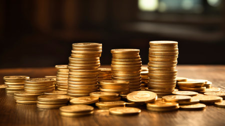 Golden coins pile. Different Stacks of gold money, cash or treasure. Bank and finance. Investment, profit or gainの素材