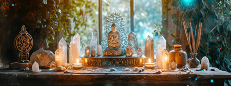 Enchanting Esoteric Altar with Quartz Crystals and Autumn Floraの素材
