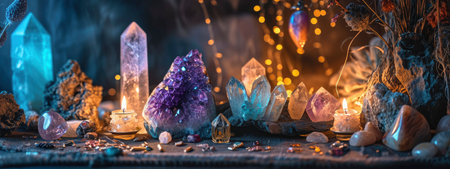 Mystical and Esoteric Altar with Crystals and Dried Flowers in Moody Lightingの素材
