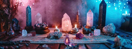 Mystical and Esoteric Altar with Crystals and Dried Flowers in Moody Lightingの素材