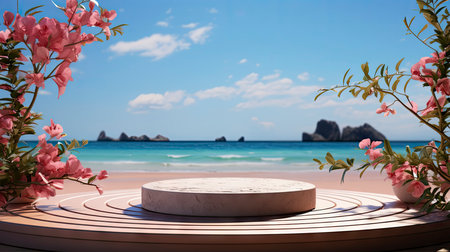 Elegant circular platform overlooking a serene ocean scene with palm trees and smooth boulders.の素材