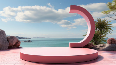 Minimalist circular display platform standing on wooden decking over smooth desert dunes under a clear skyの素材