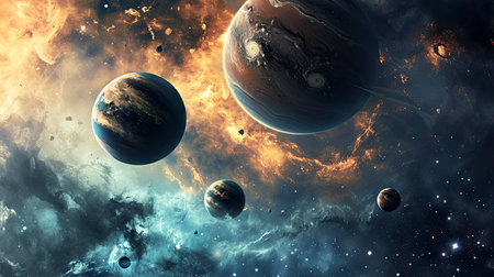 Surreal depiction of planets with visible orbits set against a vibrant nebulaの素材