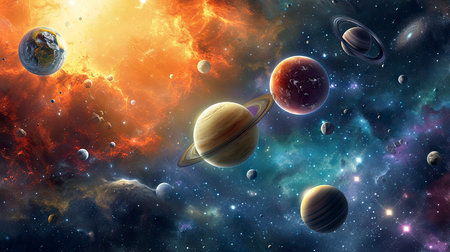 Surreal depiction of planets with visible orbits set against a vibrant nebulaの素材