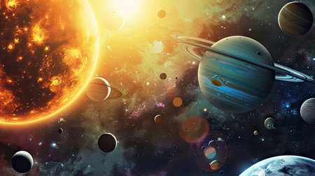 Surreal depiction of planets with visible orbits set against a vibrant nebulaの素材
