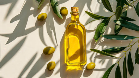 A glass bottle of olive oil, olives, and olive leaves artfully arranged on a textured white surfaceの素材
