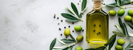 A glass bottle of olive oil, olives, and olive leaves artfully arranged on a textured white surfaceの素材