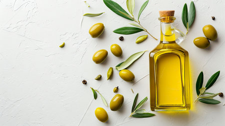 A glass bottle of olive oil, olives, and olive leaves artfully arranged on a textured white surfaceの素材