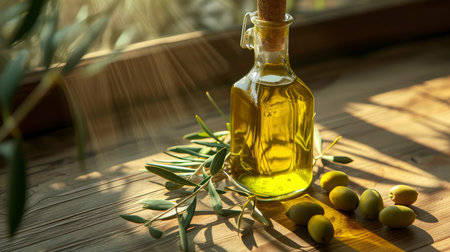A glass bottle of olive oil, olives, and olive leaves artfully arranged on a textured white surfaceの素材