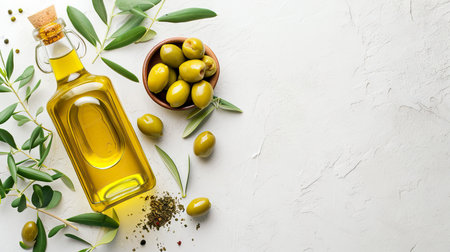 A glass bottle of olive oil, olives, and olive leaves artfully arranged on a textured white surfaceの素材