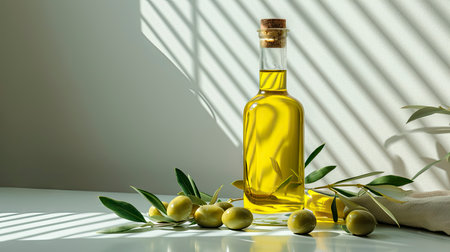 A glass bottle of olive oil, olives, and olive leaves artfully arranged on a textured white surfaceの素材