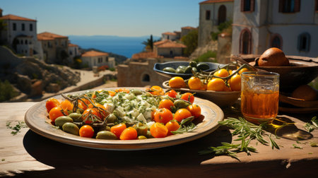 A sumptuous Mediterranean meal laid out on a rustic wooden table overlooking the seaの素材