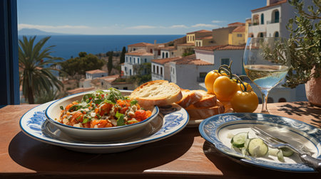 A sumptuous Mediterranean meal laid out on a rustic wooden table overlooking the seaの素材