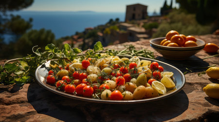 A sumptuous Mediterranean meal laid out on a rustic wooden table overlooking the seaの素材