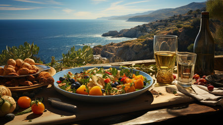 A sunny coastal setting for a healthy lunch with fresh produce and a clear view of the seaの素材
