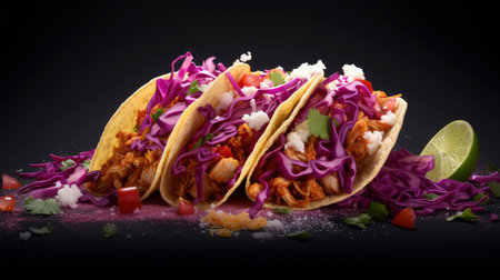 Gourmet soft tacos with crispy chicken, purple cabbage, fresh herbs, and a zesty lime wedge on a dark surfaceの素材
