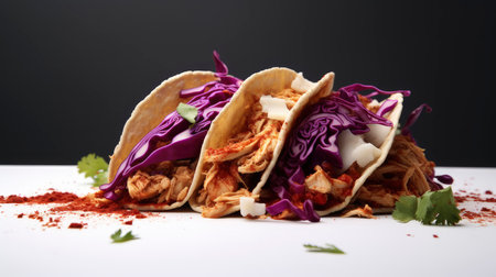 Gourmet soft tacos with crispy chicken, purple cabbage, fresh herbs, and a zesty lime wedge on a dark surfaceの素材