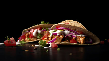 Gourmet soft tacos with crispy chicken, purple cabbage, fresh herbs, and a zesty lime wedge on a dark surfaceの素材