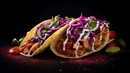 Gourmet soft tacos with crispy chicken, purple cabbage, fresh herbs, and a zesty lime wedge on a dark surfaceの素材