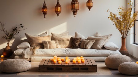 Bohemian Chic Living Area with Scenic Mountain Viewの素材