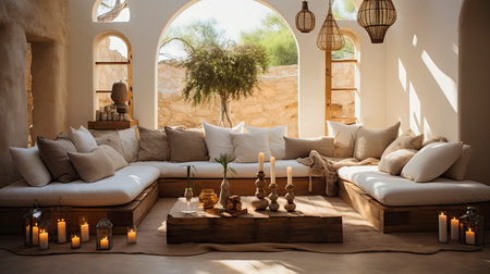 Bohemian Chic Living Area with Scenic Mountain Viewの素材