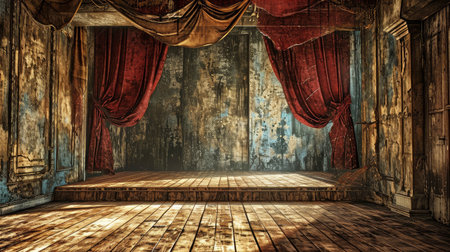 Vintage Theater Stage with Red Velvet Curtains and Weathered Woodの素材
