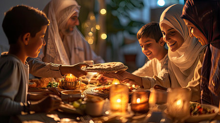 Joyful Muslim Family Sharing Traditional Meal at Homeの素材