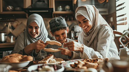 Joyful Muslim Family Sharing Traditional Meal at Homeの素材