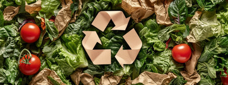 Fresh vegetables and a brown paper recycle symbol, embodying sustainable living and healthy food choicesの素材